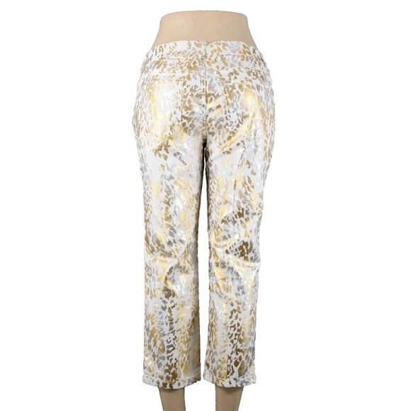 Chicos Platinum Denim Sz 0.5 x 24 White Gold Silver Animal Print Cotton Jeans - Picture 3 of 14
